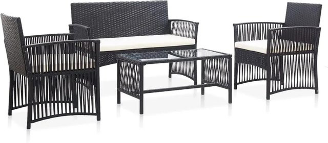 vidaXL 4-teiliges Garten-Lounge-Set aus Poly Rattan in Schwarz mit Auflagen und pulverbeschichtetem Stahlrahmen - Bild 1