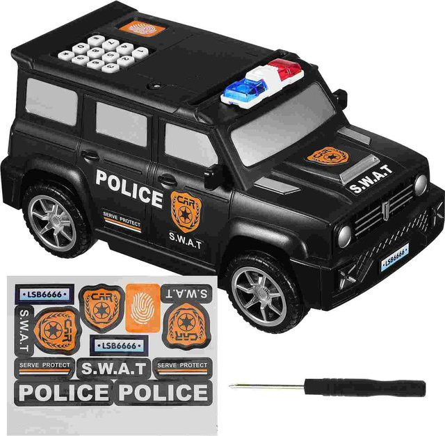 Fingerabdruck-Sparschwein Polizeiauto, Puzzle, mit Passwort, elektronische Verriegelung, Kunststoff, gray - Bild 1