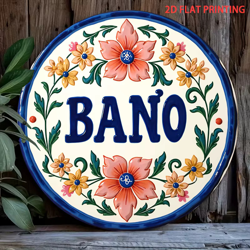 Rundes mexikanisches Talavera-Blechschild von Potdemiel mit blau-orangefarbenem Blumenmuster und Bano-Schriftzug, Durchmesser: 20,3 cm - Bild 5