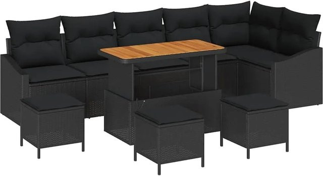 vidaXL Garten-Sofa-Set aus Polyrattan in Schwarz mit 10-teiligem Set inklusive Kissen und Couchtisch - Bild 1