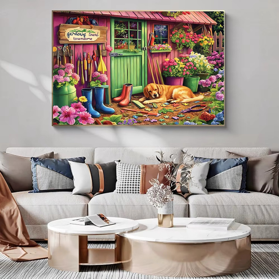 Huacan Diamantmalerei Landschaft mit Haus, Blumen und Hund als dekoratives Mosaik-Gemälde, Mehrfarbig, B/H: 30 x 20 cm - Bild 3