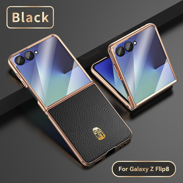 Echte Rindslederhülle für Samsung Galaxy Z Flip 7 6 5 W24 W25 in Schwarz mit magnetischer kabelloser Ladeschale und Schutzfolie - Bild 1