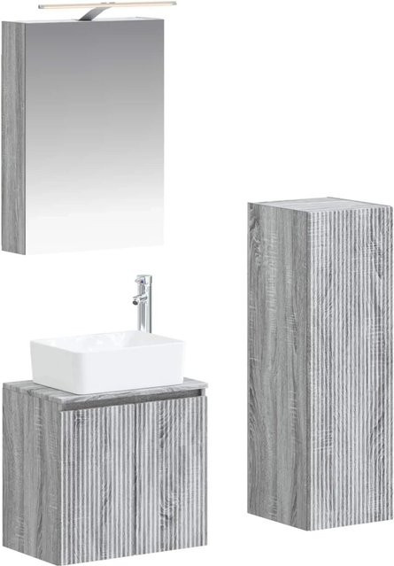 vidaXL Badezimmermöbel-Set 4-teilig in Grau mit Waschtischunterschrank, Wandunterschrank und Spiegelschrank aus Holz und Glas mit LED-Beleuchtung - Bild 1