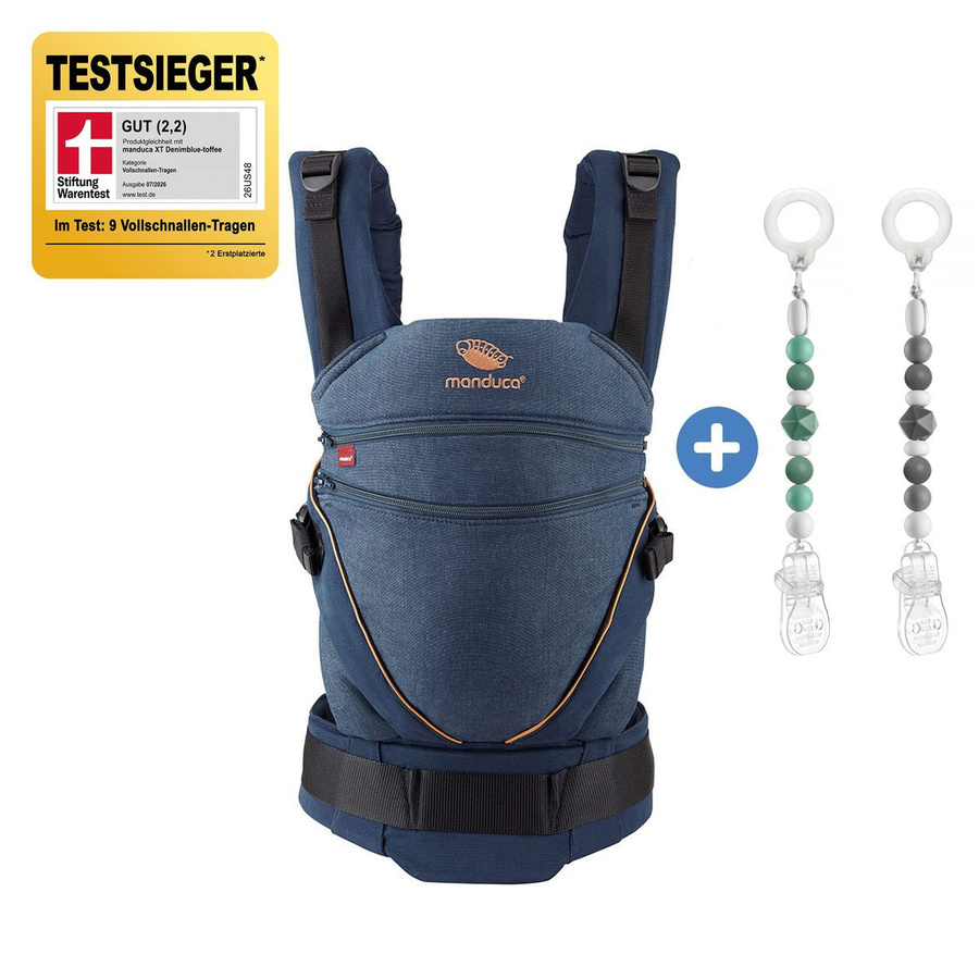 manduca Babytrage XT Buckle Carrier in Denimblue Tohto inklusive 2 Schnullerketten aus Silikon für 3,5 kg bis 20 kg - Bild 1