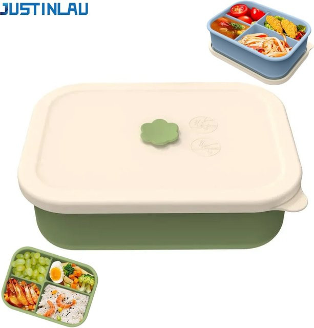 JUSTINLAU 4-Fach Silikon-Lunchbox Bento-Box in Grün, mikrowellengeeignete Frischhaltedose für Obst und Gemüse - Bild 1