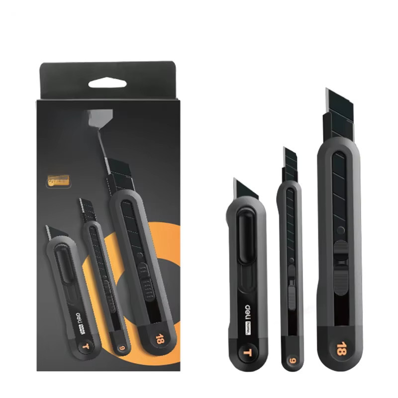 Deli 3-teiliges Allzweckmesser-Set, multifunktionales Snap-Off-Messer mit 18mm Klinge, schwarz, selbstsichernd und tragbar - Bild 1