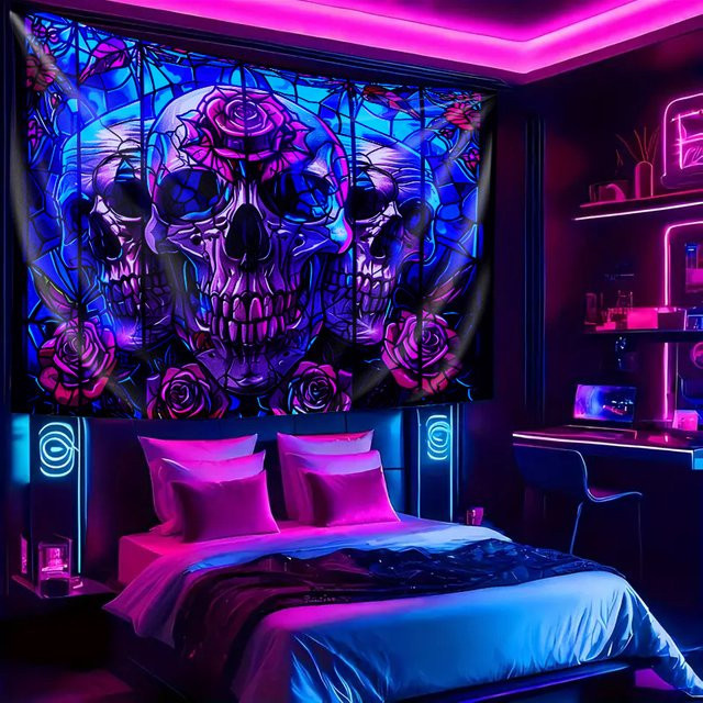 VIKAMA Gothic Rose Skull Wandteppich mit floralem Design in Multicolour, B/H: 60 x 40 cm - Bild 1