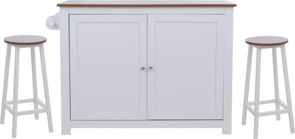 Kücheninsel MCW P61 mit 2 Sitzhockern und Staufächern in Landhausstil, Farbe Weiß und helles Holz, MDF, H x B x T: 90 x 120 x 45 cm