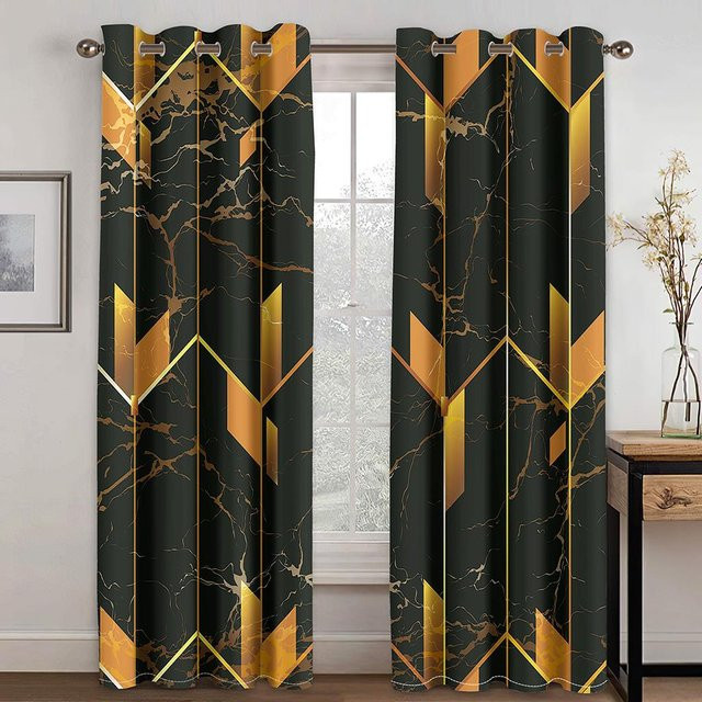 A Family Of Home Textiles Vorhänge mit abstraktem geometrischem Design in Schwarz, semi-transparent, 2er-Set mit Ösen, Breite: 60 cm, Höhe: 150 cm - Bild 1