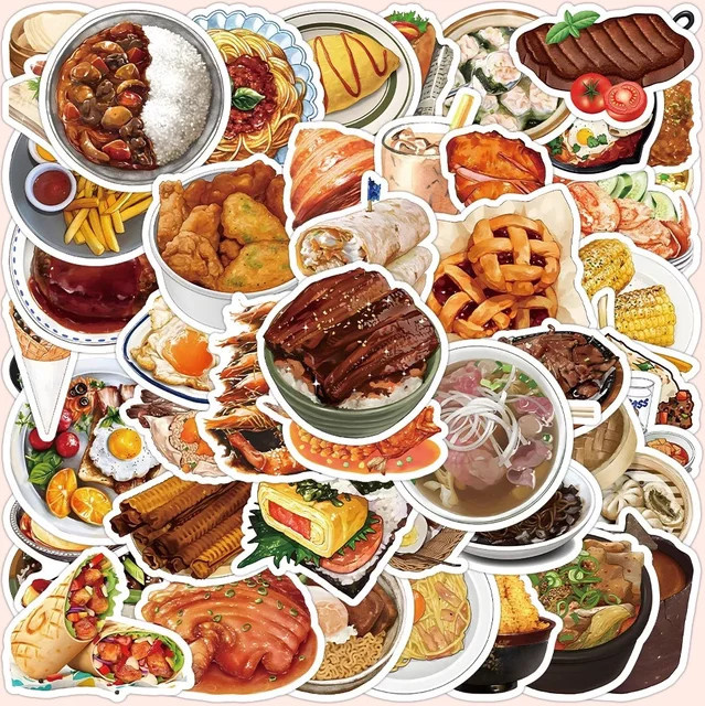 60 Stück Realistische Snacks Aufkleber Set mit Pizza Fleisch und Sauce von BulingBulingStickers Shop in Multicolour - Bild 1