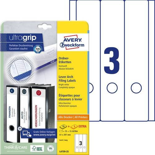 Avery Zweckform Ordner-Etiketten ultragrip Weiß, 90 Stück, 61 x 297 mm - Bild 1