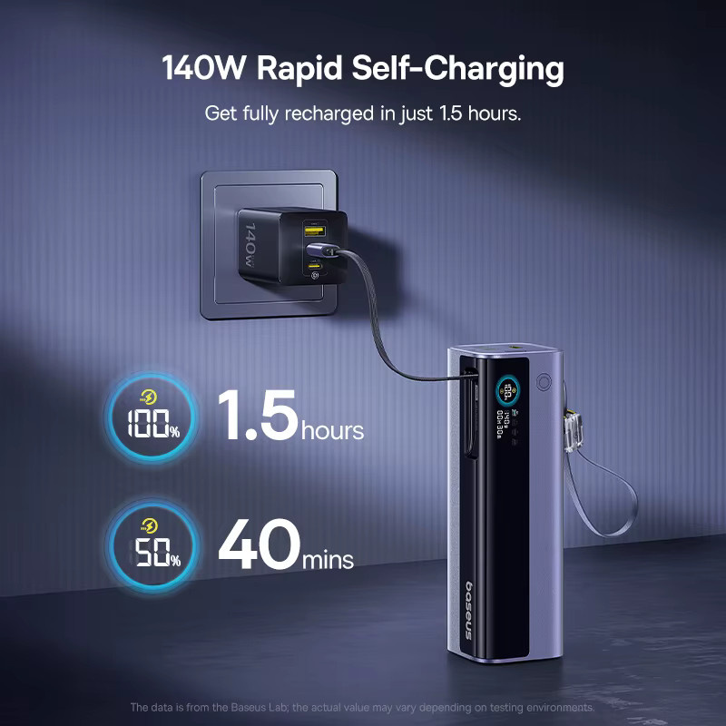 Baseus Powerbank 25000mAh mit 200W Schnellladefunktion und zwei einziehbaren USB-C-Kabeln in Grau - Bild 3