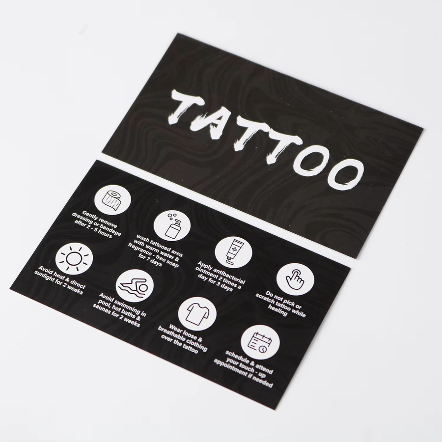 Doppelseitige Tattoo Pflege Lehrkarten aus mattem Papier in Schwarz, B/H: 5,5 x 9 cm, 50 Stück - Bild 5