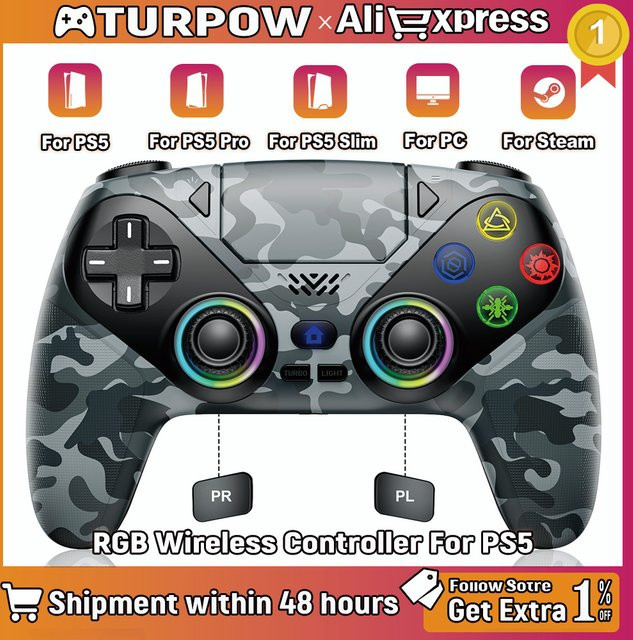 Turpow RGB Kabelloser Gaming-Controller mit Bluetooth und Turbo-Funktion für PlayStation 5 und Xbox, Schwarz/Mehrfarbig - Bild 1