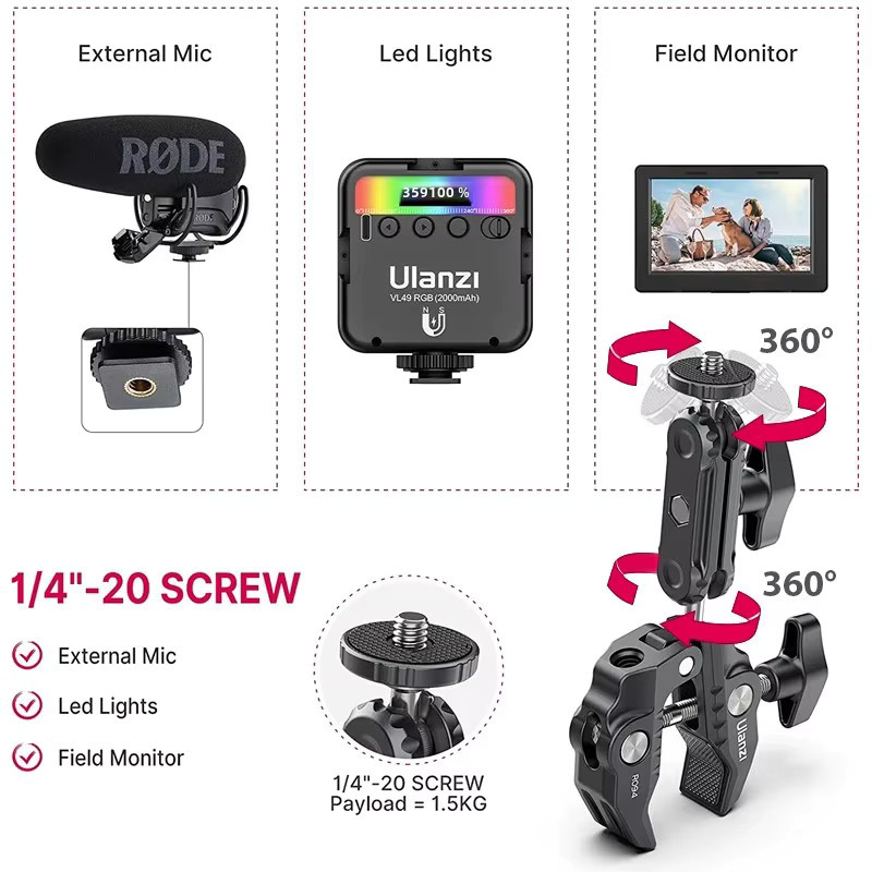 Ulanzi R094 Metall-Superklemme mit Doppelkugelkopf und Magic Arm in Schwarz für DSLR-Kamera, Monitor, Licht und Mikrofonhalterung mit 1/4" und 3/8" Gewinde - Bild 4