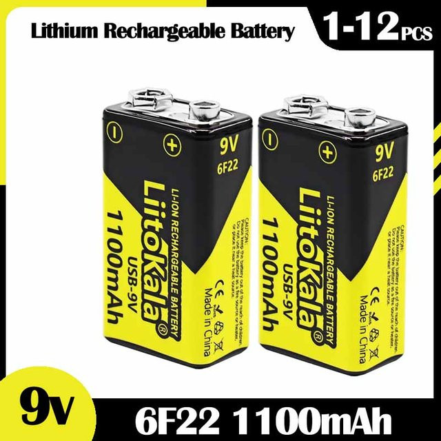 LiitoKala Li-Ionen-Akku 9V Block mit USB-C Anschluss, 1100 mAh, Gelb - Bild 1