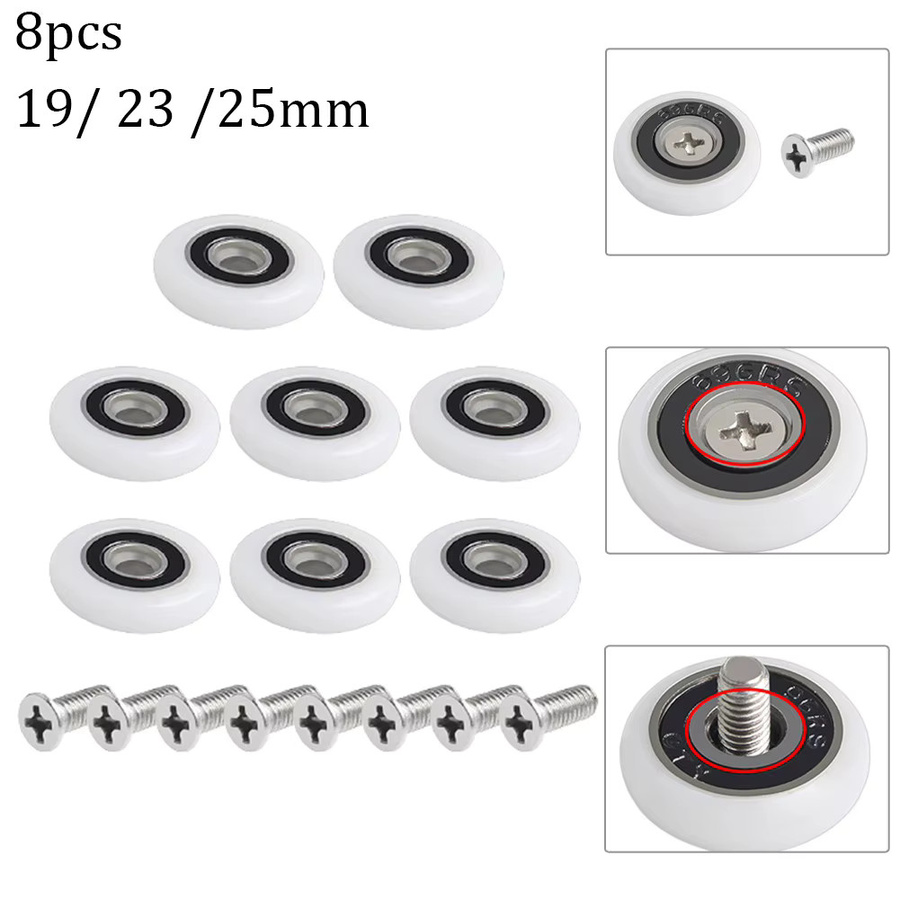8er Set Dusche Schiebetür Roller Räder in Weiß mit 19mm, 23mm oder 25mm Durchmesser für Badezimmer Duschtüren - Bild 2