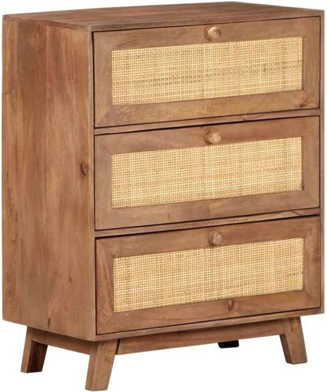 vidaxl Sideboard aus Massivholz Mango mit Rattan im Landhaus und Bohemian Stil, Braun, B/T/H: 61 x 35 x 76 cm - Bild 1