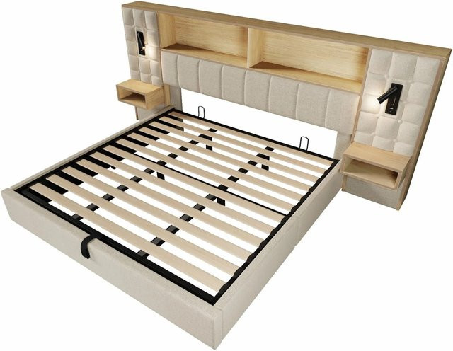 Merax Polsterbett Systembett mit LED-Leselampen und USB-Anschluss in Beige, B/T/H: 180 x 200 cm - Bild 1