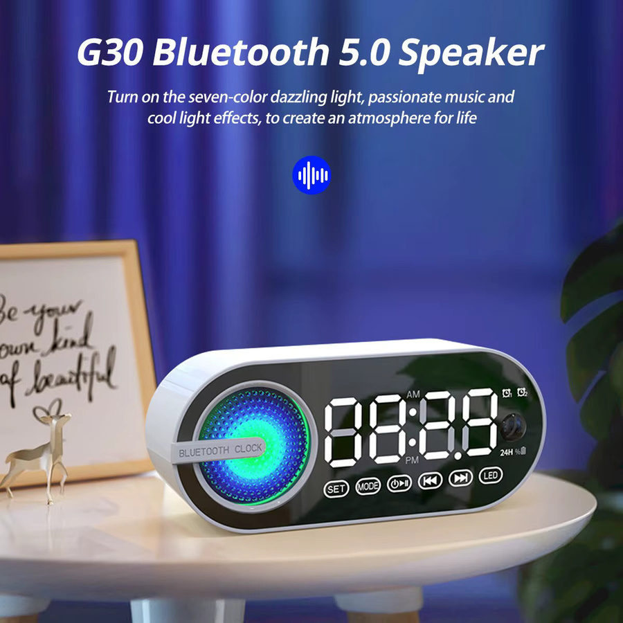KAFNHCKA Bluetooth Lautsprecher mit FM-Radio, Wecker und RGB-LED Digitaluhr als Spiegeluhr in Schwarz - Bild 2