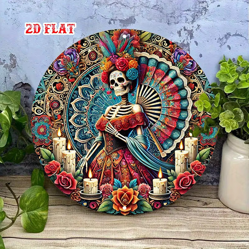 Rundes Aluminiumschild Potdemiel mit mexikanischem Skelett-Motiv und Blumenmuster, bunt, Durchmesser: 20 cm - Bild 3