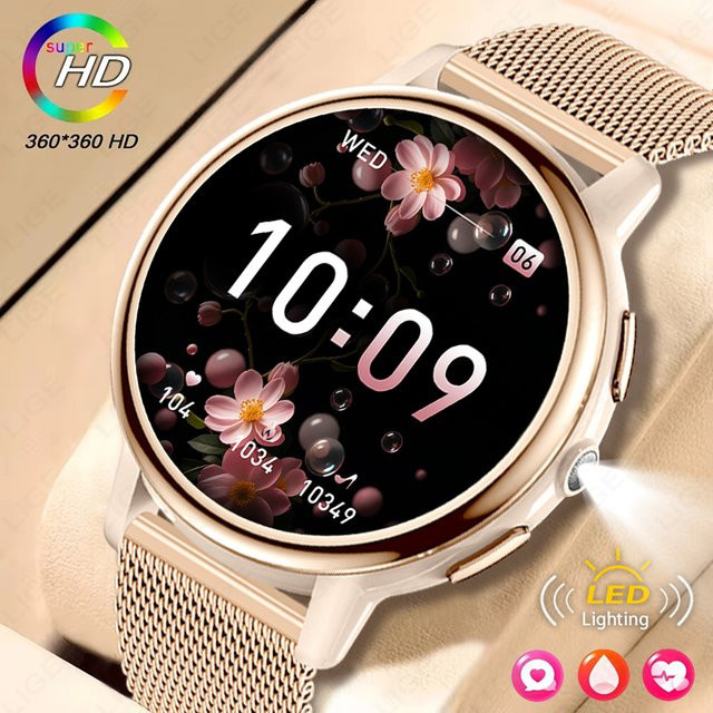 LIGE Smartwatch für Damen in Schwarz mit Milanaise-Edelstahlarmband, Rundes Display, Bluetooth-Anruf, Herzfrequenzmessung und Schrittzähler, Wasserdicht - Bild 1