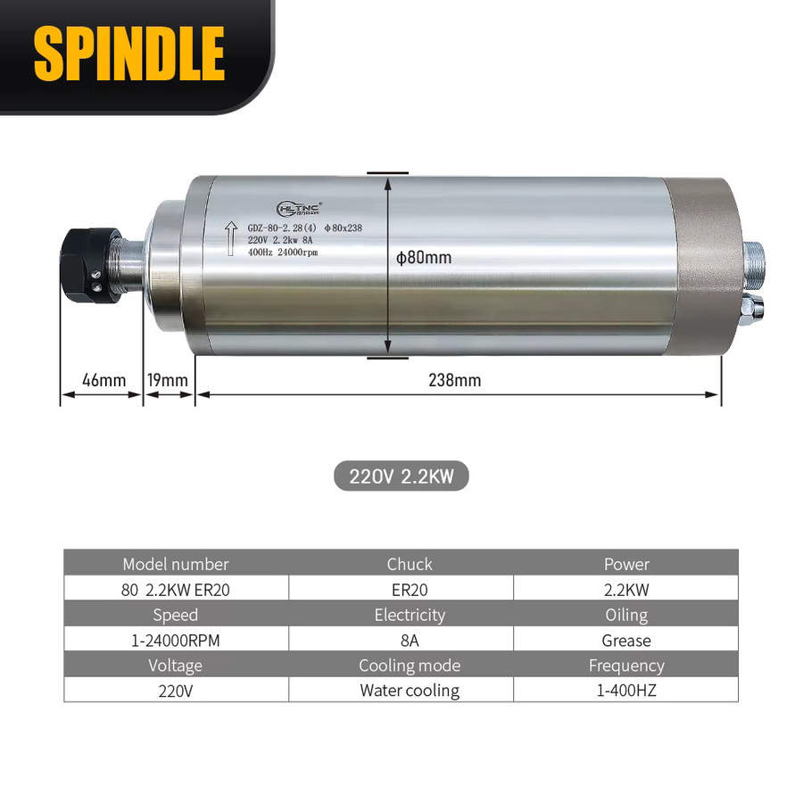HLTNC Spindelmotor Set mit 2,2KW, 24000 U/min, wassergekühlt, einphasig 220V inklusive Frequenzumrichter, Wasserpumpe, Spannzange und Spindelhalterung, multicolour - Bild 4