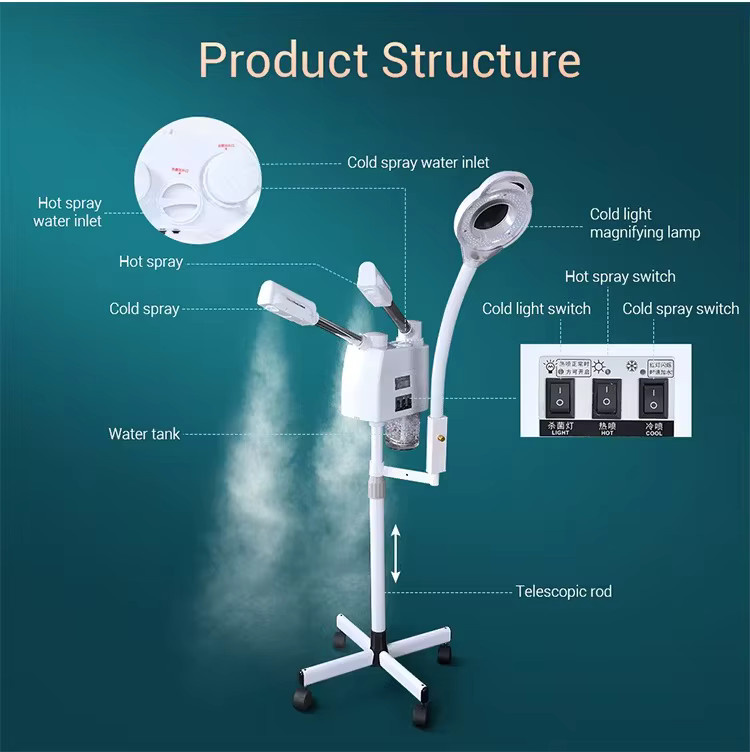 VamsLuna Gesichtsdampfer mit Heiß- und Kaltnebel, Ozonsterilisation, LED-Lupenlampe, Weiß, Unisex - Bild 4