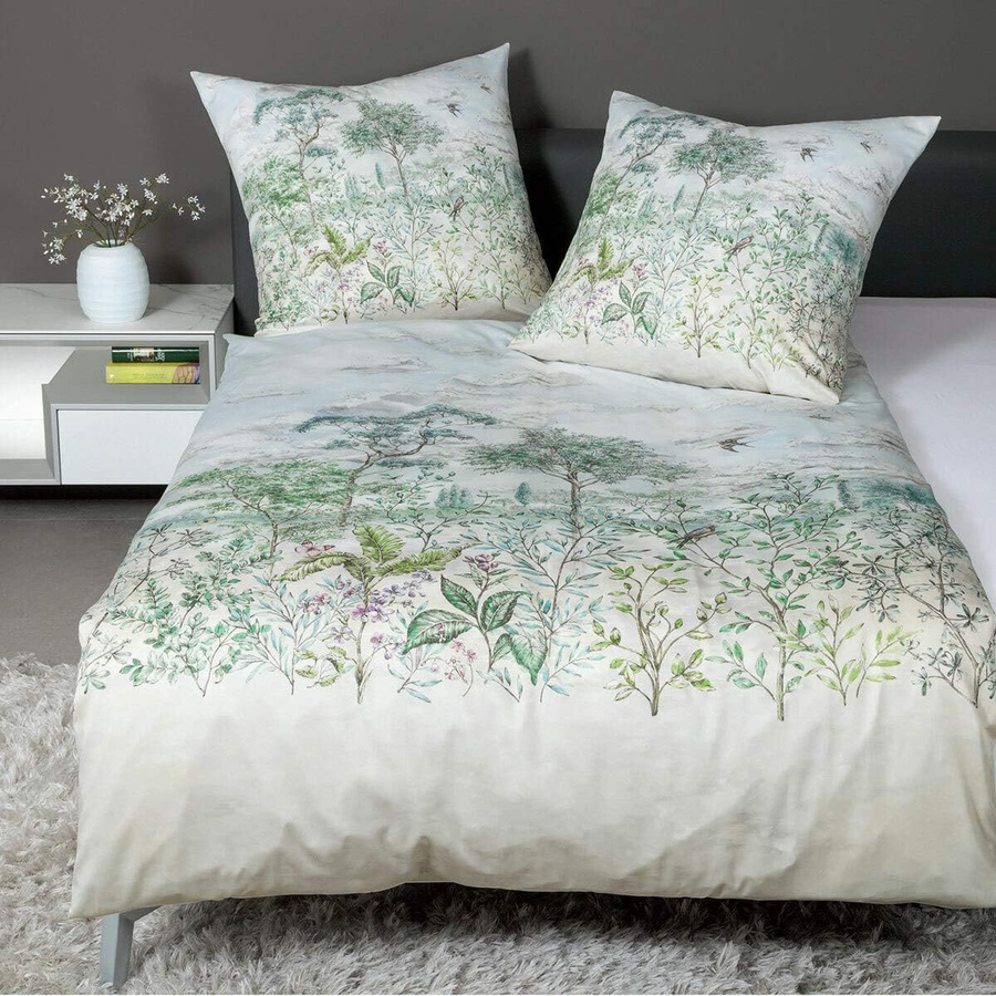 Janine Carmen Mako Jersey Bettwäsche mit floralem Naturprint in Grün, Bettbezug 155 x 220 cm und Kissenbezug 80 x 80 cm - Bild 1