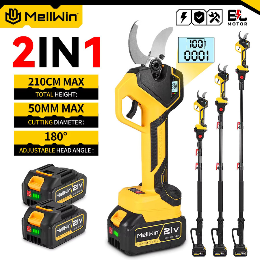 MELLWIN Bürstenlose elektrische Gartenschere in Gelb mit 180 cm Teleskopstange, 2-Gang-Gartenschere kompatibel mit Makita 18V Akku - Bild 6