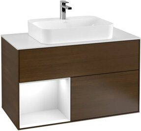 V&B Waschtischunterschrank Finion 100 in Walnuss mit weiß lackiertem Regal links - Bild 1