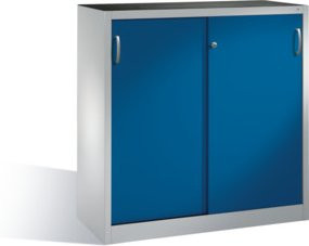 C+P Werkzeug-Beistellschrank mit Schiebetüren und 2 Regalböden, Front Enzianblau, Korpus Lichtgrau, H: 120 cm, B: 120 cm, T: 40 cm - Bild 1