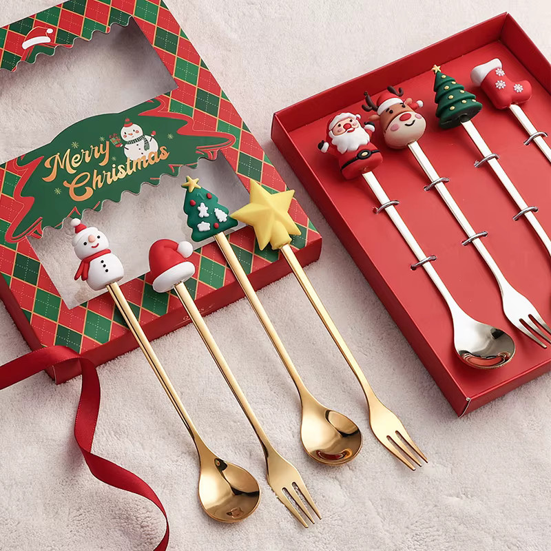 HUXUAN Weihnachts Besteckset aus Edelstahl mit Elch-Design in Gold, Löffel und Gabel für Dessert und Kaffee - Bild 4