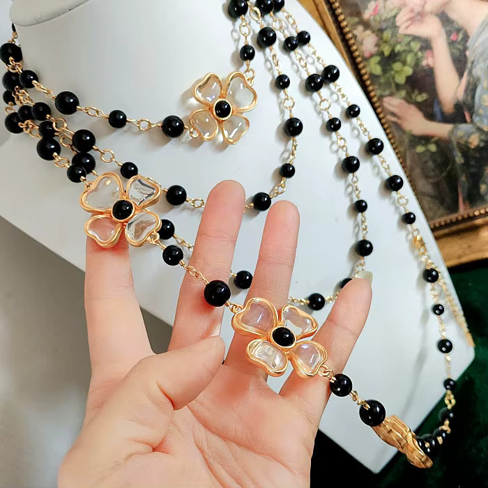 mimiyagu Schmuck-Set, Halskette, Ohrringe, schwarze Perlen, Blumenperlen - Bild 3