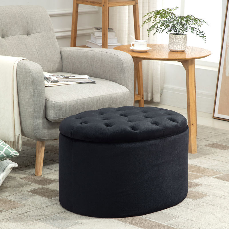 HOMCOM Moderne Polsterbank mit Stauraum in Schwarz aus Samtartigem Polyester und Gummiholz, Ovale Form, B/T/H: 71 x 52 x 42 cm - Bild 2