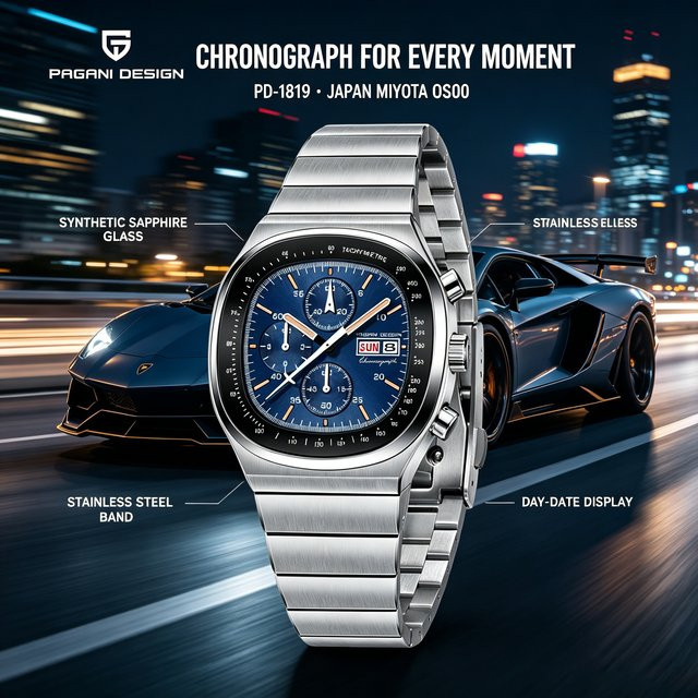 PAGANI DESIGN Chronograph, Edelstahl, Silber, Herren, Quarz, Saphirglas - Bild 1