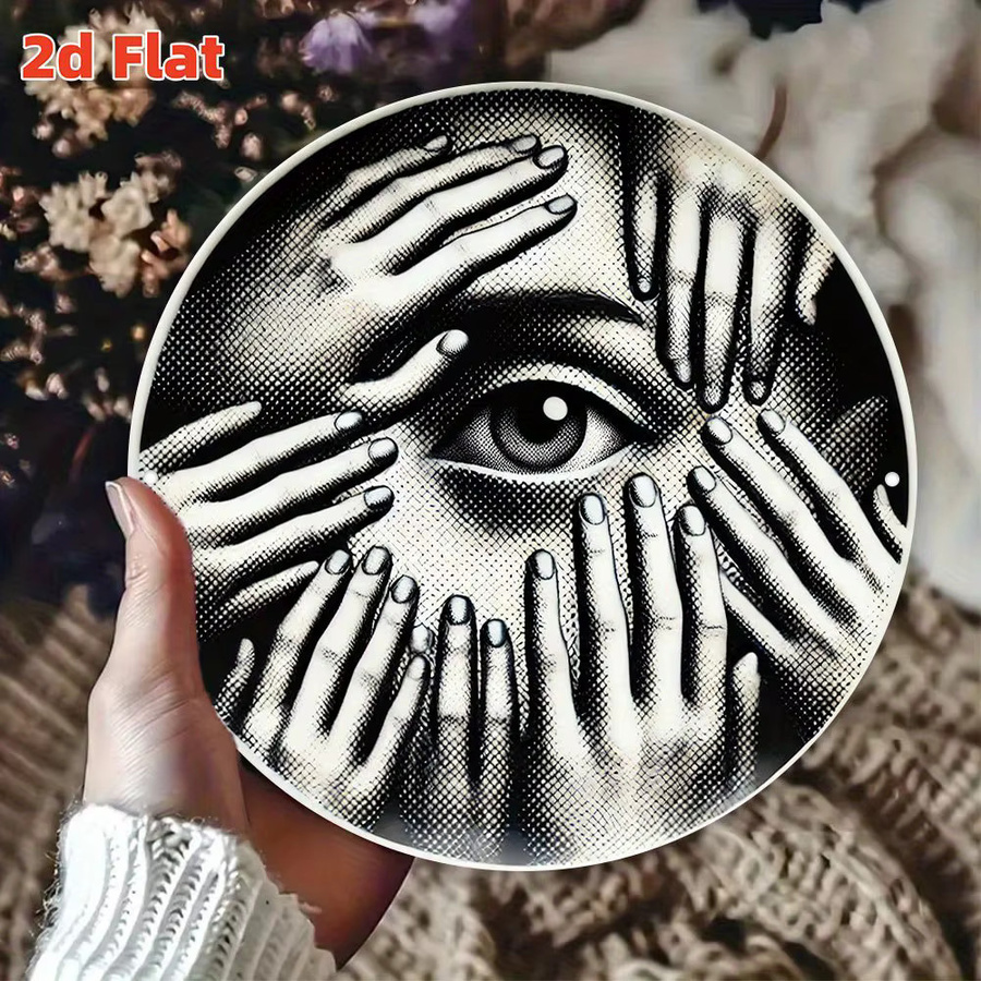 2Dflat Dekoplatte Hand Covering Eyes, runde Wandtafel aus Aluminium in Schwarz, Durchmesser: 20 cm - Bild 5