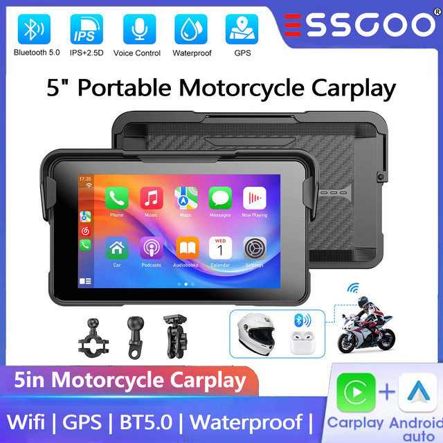 ESSGOO 5 Zoll tragbares Motorrad-Display mit kabellosem CarPlay und Android Auto, IP67 wasserdicht, GPS-Navigation und Bluetooth, Farbe: Schwarz - Bild 1