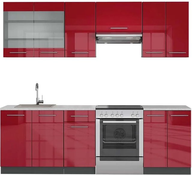 Vicco Fame-Line Küchenzeile Bordeaux Hochglanz und Anthrazit mit Marmor-Optik B/H/T: 240 x 82 x 60 cm - Bild 1