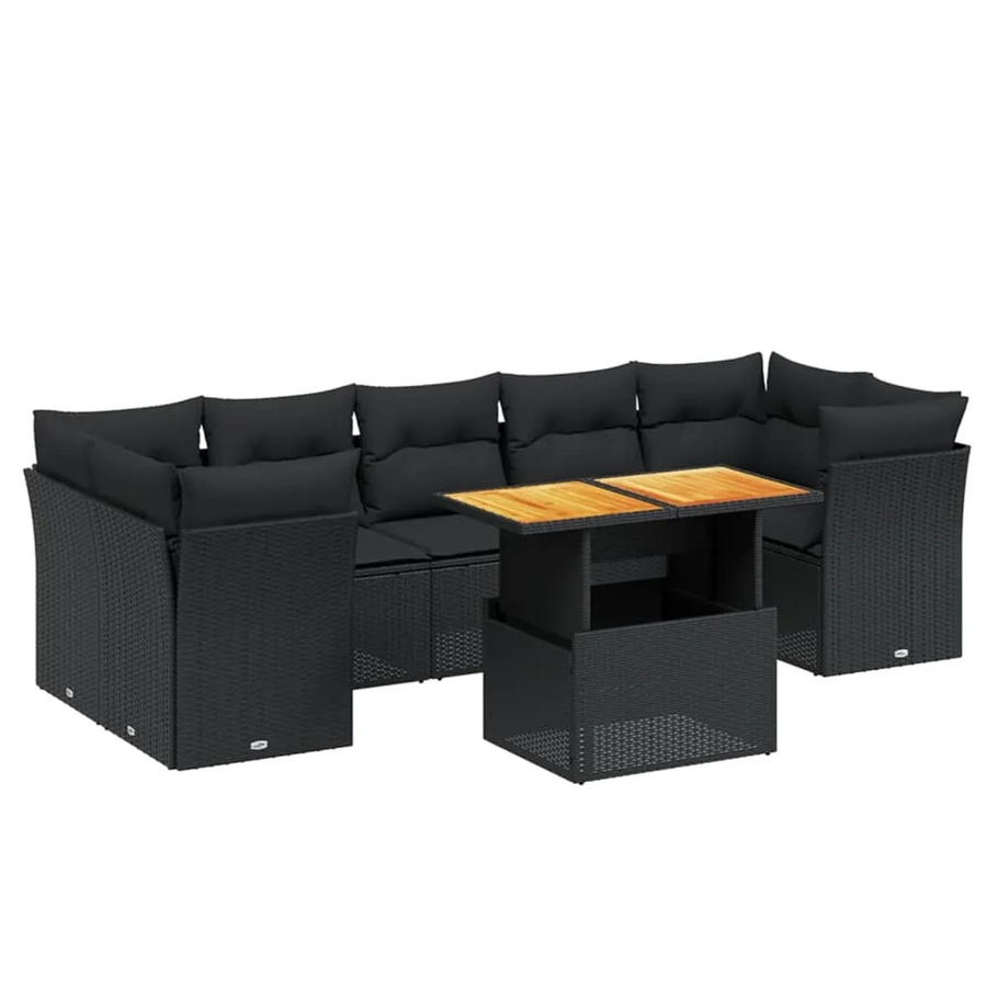 vidaXL 8-teilige Garten-Sofagarnitur in L-Form aus Poly-Rattan und Akazienholz mit Kissen in Schwarz - Bild 2
