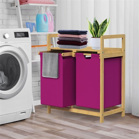 ML-Design Wäschekorb aus Bambus mit 2 Fächern in Magenta, Wäschebox mit Ablage und 60 L Fassungsvermögen, B/T/H: 73 x 63 x 33 cm - Bild 1