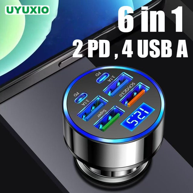 UYUXIO 6-in-1 USB-C Autoladegerät Adapter mit Dual PD Superschnellladung und Voltmeter zur Spannungsanzeige in Schwarz - Bild 1