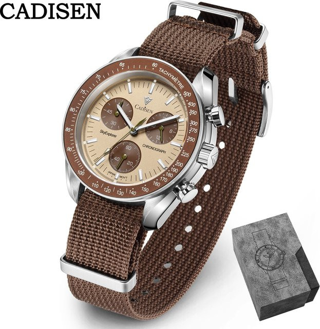CADISEN Chronograph Armbanduhr, Quarz, Edelstahl, Textil/NATO, Braun, Herren - Bild 1