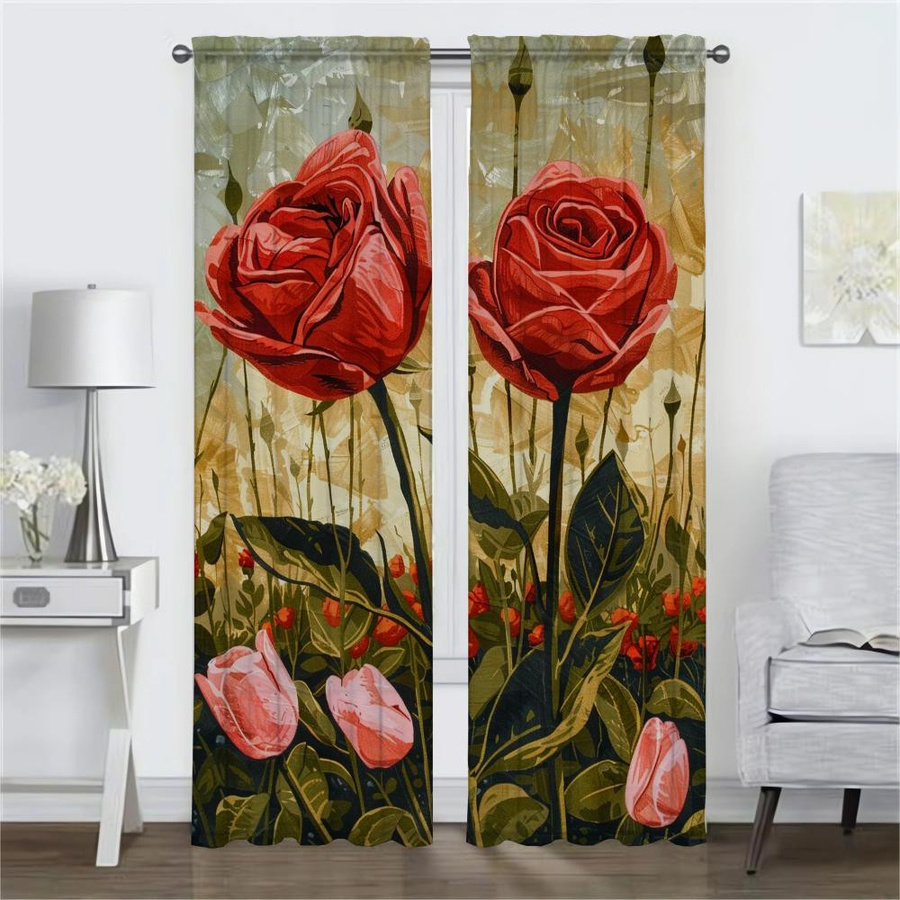 Verdunkelungsvorhang mit Rosen und rosa Tulpen, 2 Stück, Farbe: Pink/Mehrfarbig, B: 50 cm, H: 70 cm - Bild 1
