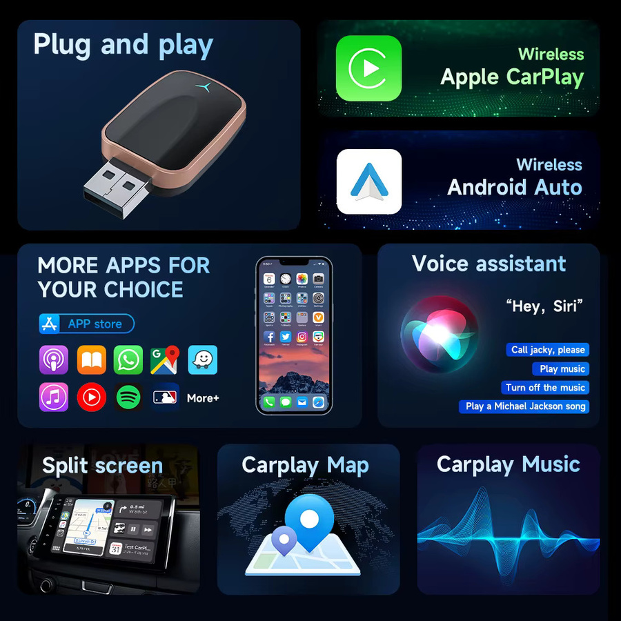 NUOYING 2-in-1 Kabellose CarPlay AI Box mit Android Auto Plug & Play, 5G WLAN Unterstützung, Schwarz - Bild 2