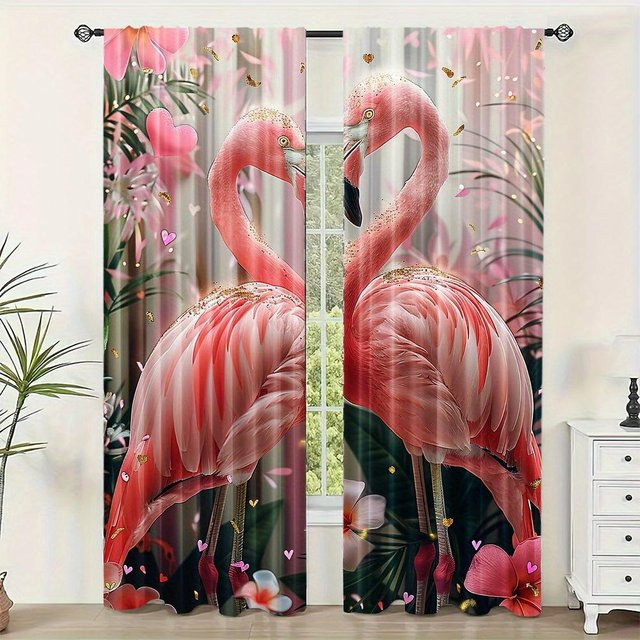 2er-Set Yiran Furniture Vorhänge mit Flamingo-Print in Rosa, halbtransparent, Polyester, Breite: 135 cm, Höhe: 185 cm - Bild 1