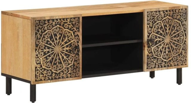 vidaXL TV-Schrank aus massivem Mangoholz im Retro-Stil mit Blumenmuster, Braun, B/T/H: 105 x 33 x 46 cm - Bild 1