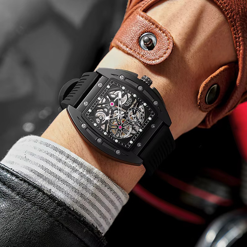 LIGE Armbanduhr Automatik, Kautschukband, Schwarz, Herren - Bild 4