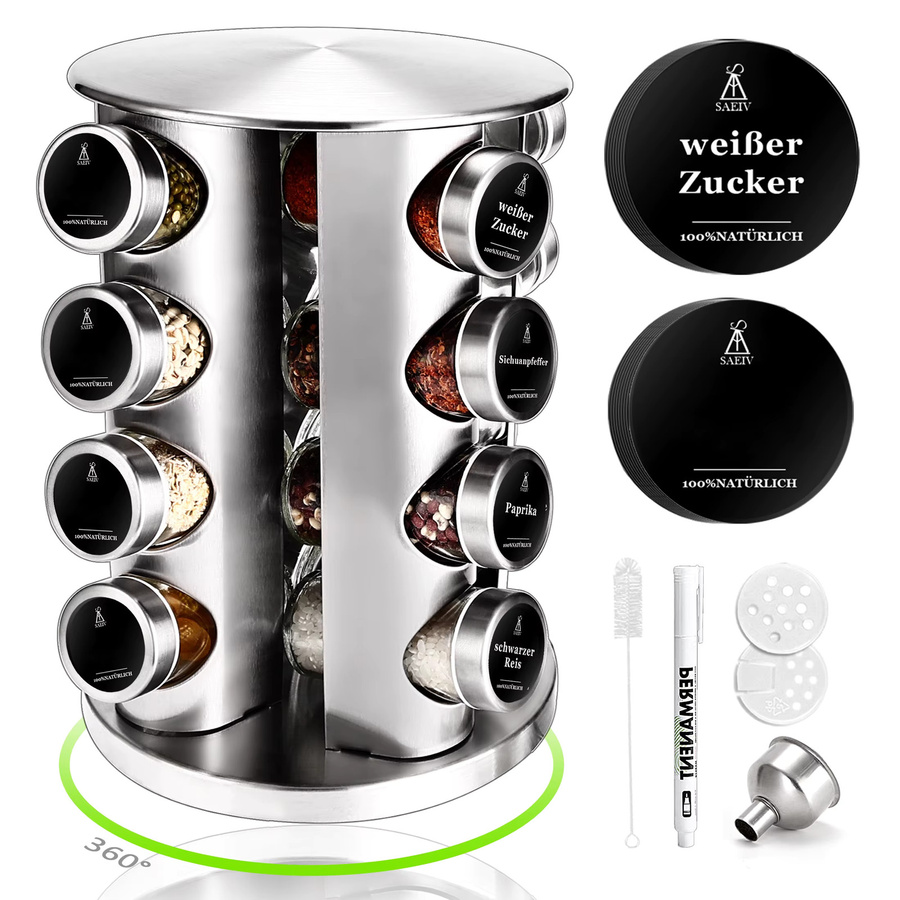 SAEIV Drehbares Gewürzregal-Set mit 12 luftdichten Glasbehältern à 120 ml, 360 Grad Edelstahl-Organizer in Silber und Transparent - Bild 6
