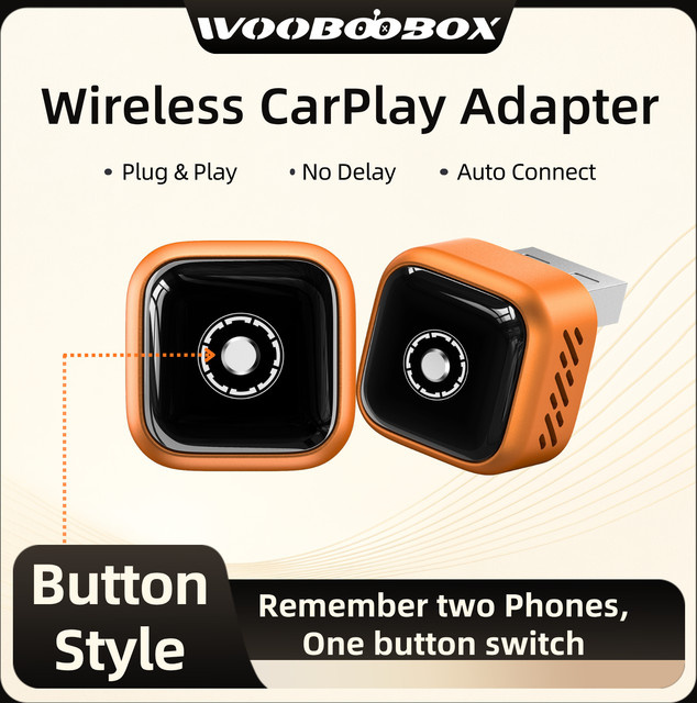 Wooboobox Kabelloser CarPlay-Adapter in Orange mit Ein-Tasten-Umschaltung zwischen zwei Telefonen und Plug & Play USB Dongle - Bild 1